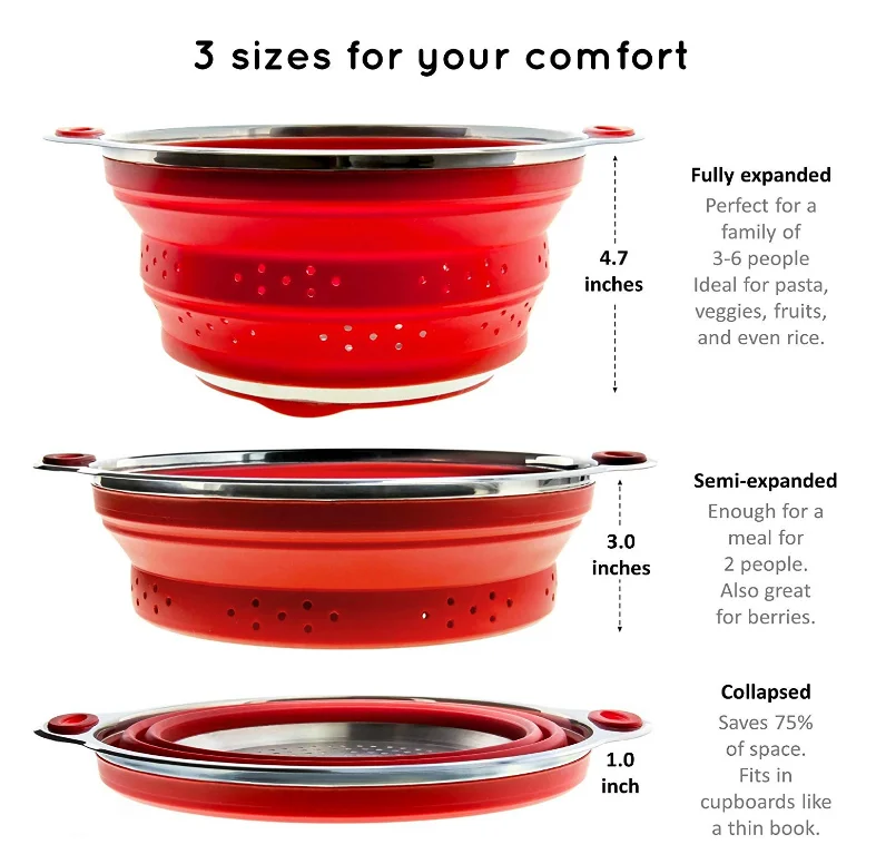 Combo Of Collapsible Colander & Folding Funnel Each Folds To 1 Inch Red