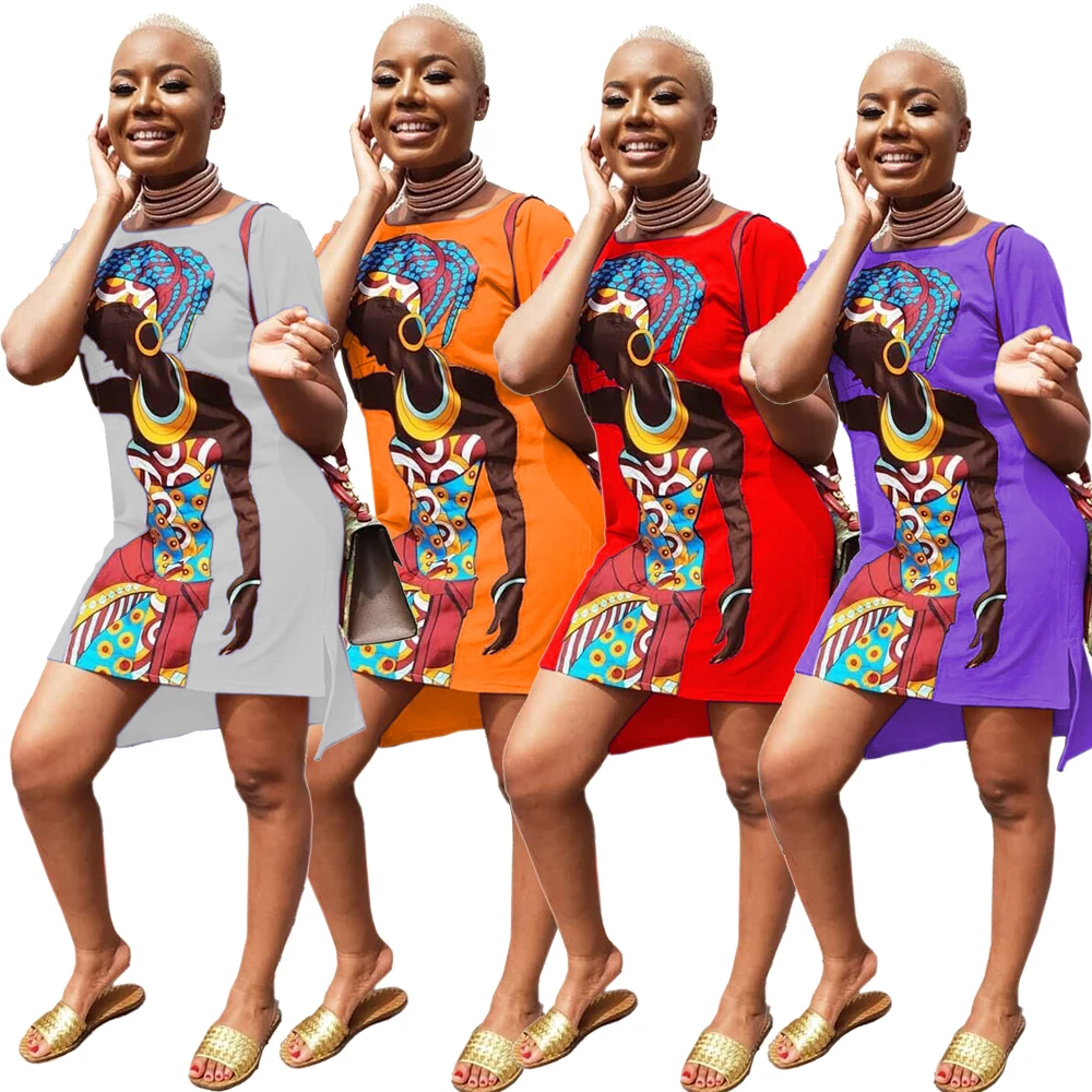 

SACY8103 African girl print patterns summer short sleeve long t shirt fashion women african straight mini dress, As pictures showed
