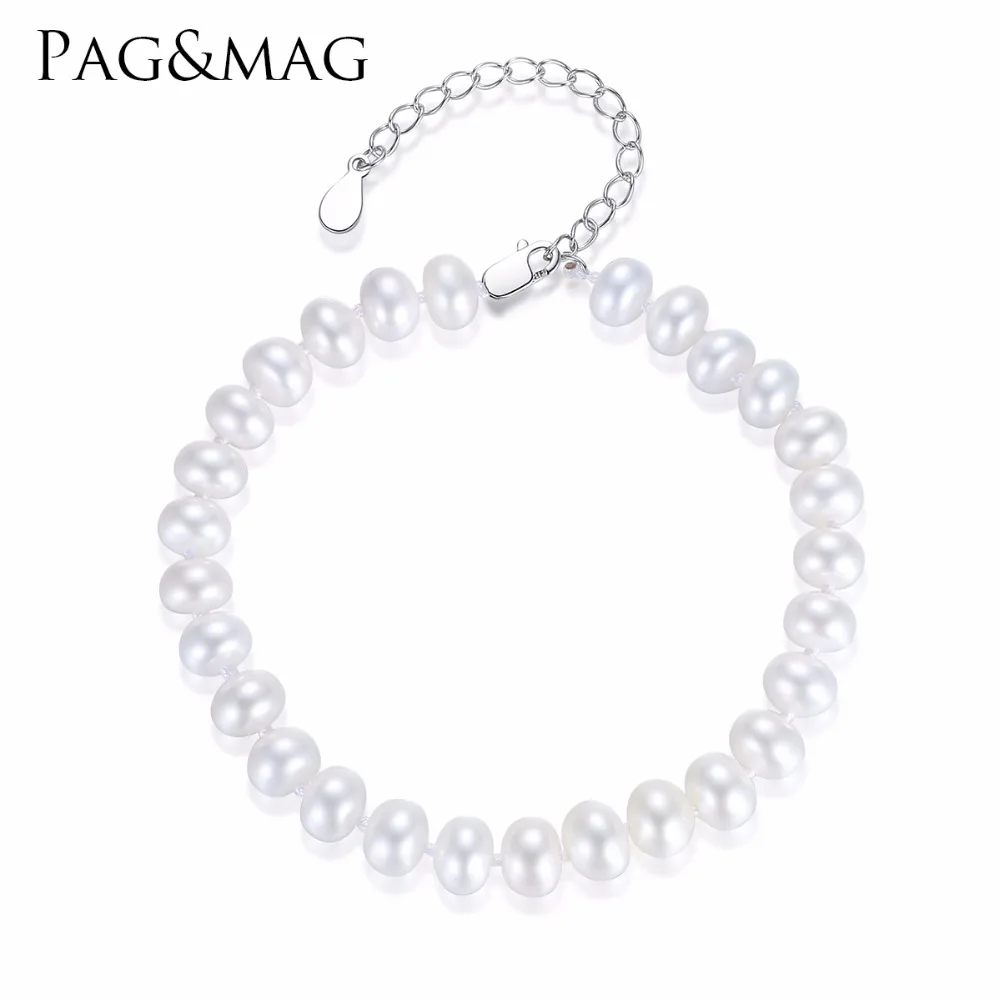 

Pag&Mag Wholesale Women Wedding Jewelry Fancy Pretty Freshwater 7-8mm Pearl Bangle & 925 Sterling Silver Chain Beaded Bracelet