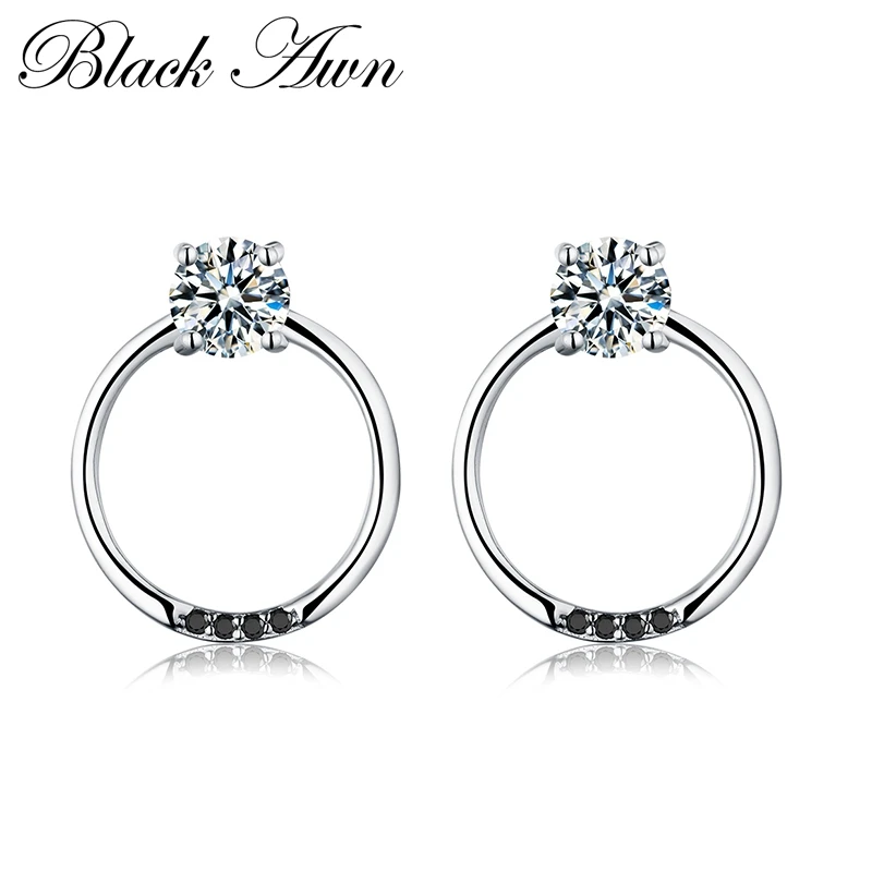 

[BLACK AWN] Genuine 925 Sterling Silver Fine Jewelry Round Black&White Stone Wedding Stud Earrings for Women T083