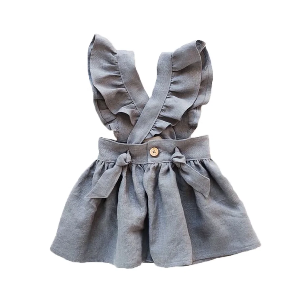 

Linen Pinafore Sundress Ruffle Button Back Dress Girl, As the pic show
