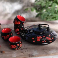 

Hot Selling Porcelain tea cup set with wood tray one teapot four tea cup home garden Japanese exotic funky ceramic tea set