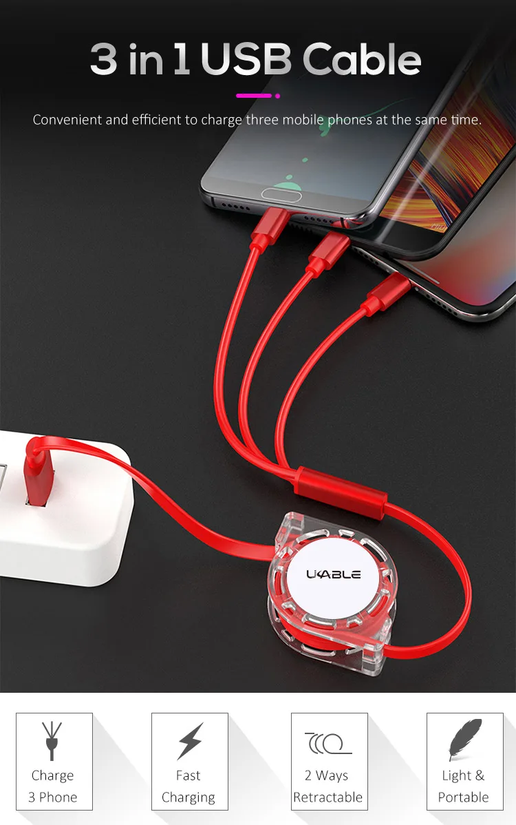 UCABLE free shipping mobile phone charger 3 in 1 fast charging micro usb data cable