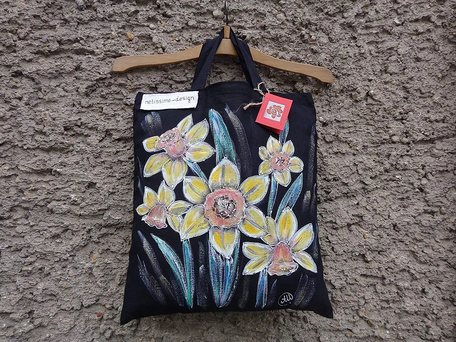 Sale!!!15% Off,Hand Painted Yellow Daffodils Tote Bag,Flower Tote Bag,Daffodils Shopping Bag,Cotton tote bag,Daffodils Gift Bags,Birthday gift Bag,Black Bag,Woman Gifts