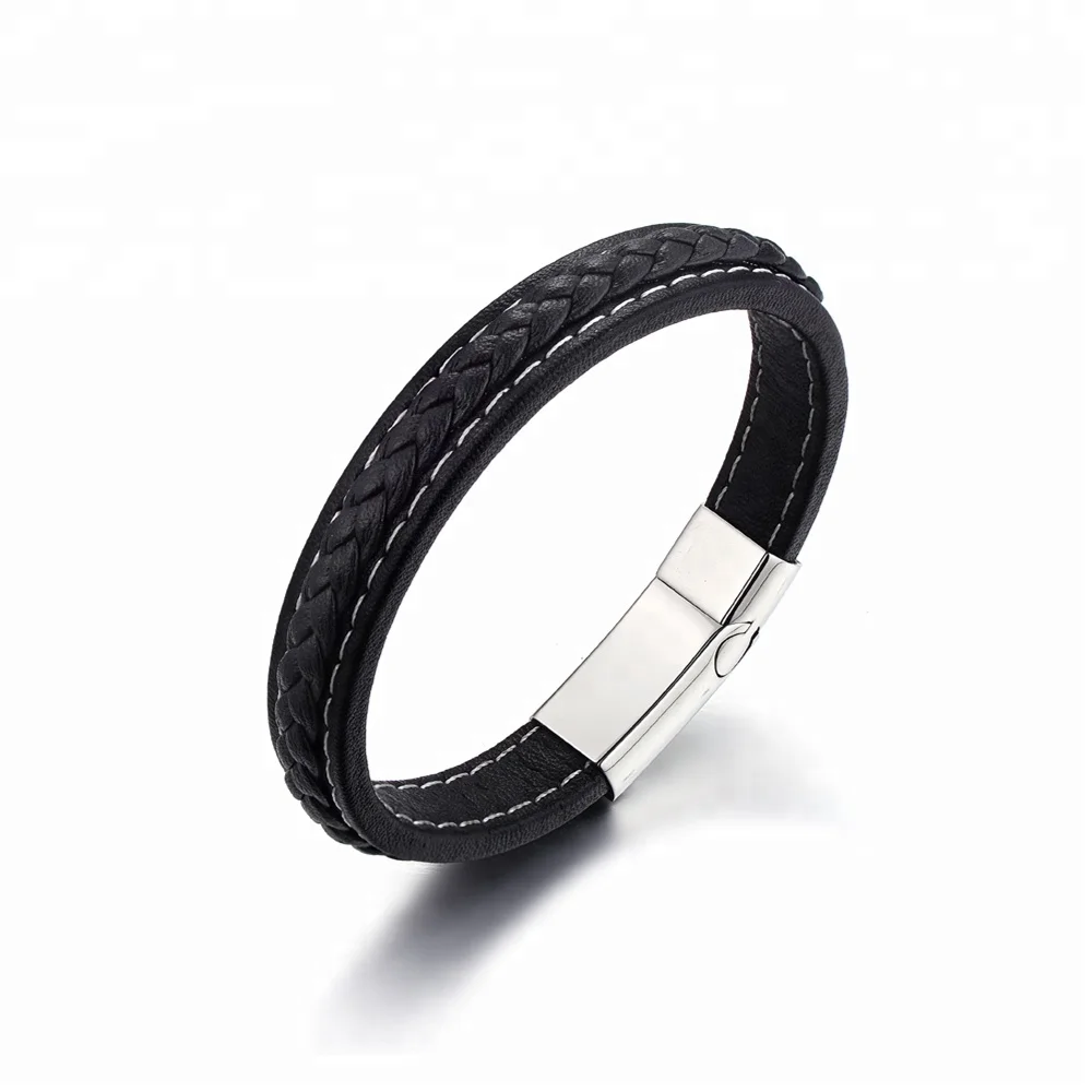 

Stainless Steel Magnetic Buckle Cuff Jewelry Wholesale Handmade Leather Bracelet Men, Black;customized color