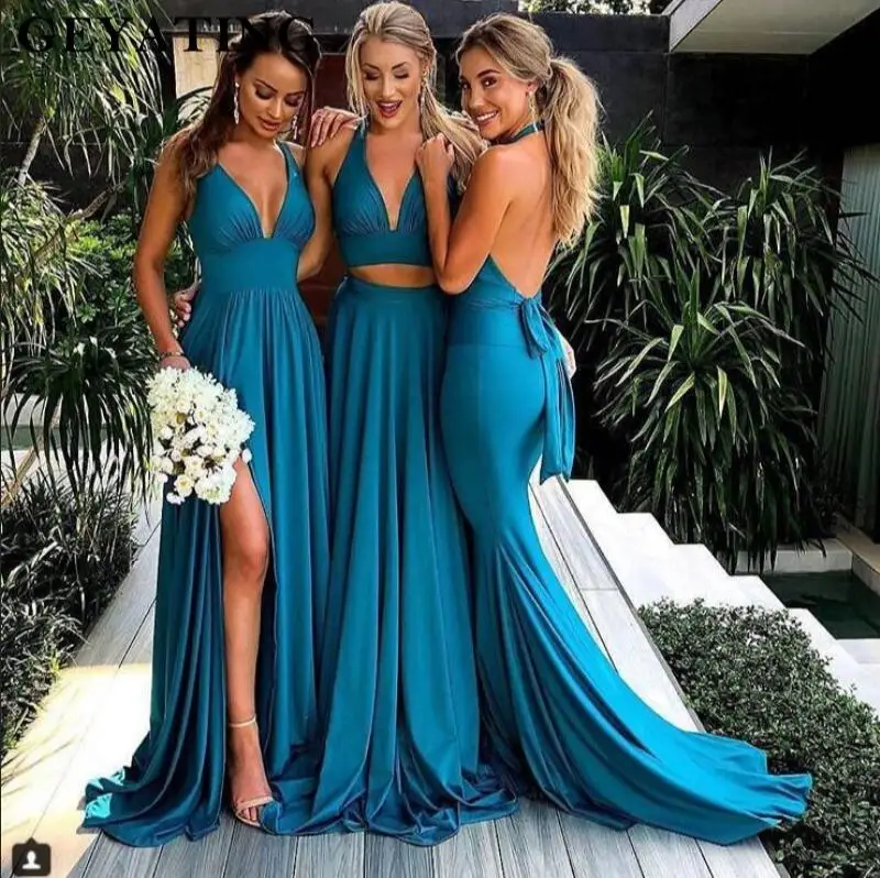 

DB002 Turquoise Blue Side Slit Mermaid Bridesmaid Dresses Long Sexy Backless 2022 V-Neck Bride Maid of Honor Gowns