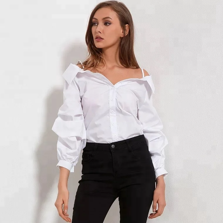 

2018 Autumn New Arrivals Fashion Womens Clothing Women White Lantern Sleeve Shirts Women Casual Tops Off Shoulder Blouses
