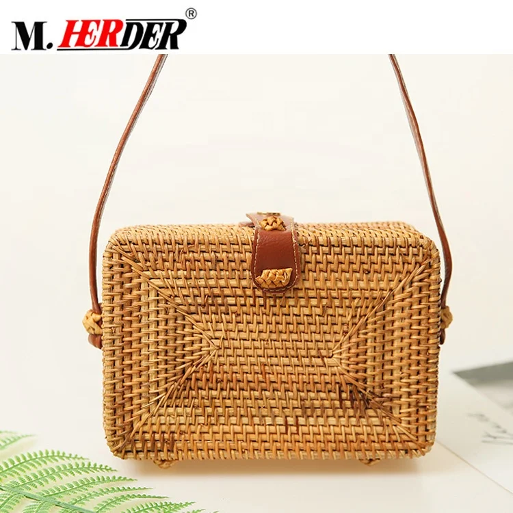 

100% Original Handwoven Straw Clutch Bag Crossbody Square Rattan Bag Indonesia with Genuine Leather Beach Straw Bag for Women, Beige