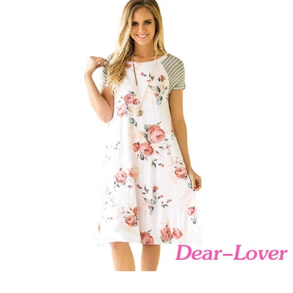 

Women Cotton Rose Floral Print A-line Loose T-shirt Dress, As shown