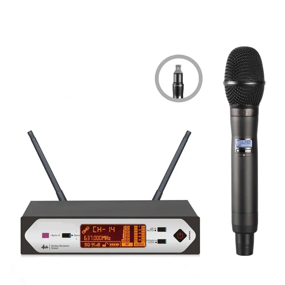 

Single Channel Diversity Receiver Condenser Capsule Stage Performance UHF Professional Wireless Microphone System