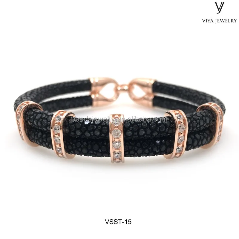 VSST-15 Genuine black stingray leather bracelet with rose gold clasp ,real silver bracelet for man (2).JPG