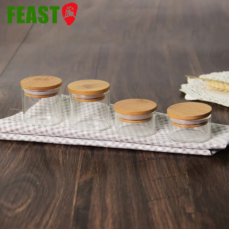 Various Size Bamboo Lid Herb Glass Jar Wood Lid Small Glass Jar 2 Oz