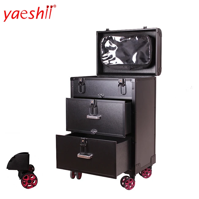 

Yaeshii professional high quality rolling trolley cosmetic organizer portable makeup vanity case with drawers wheels, Pink/red/black