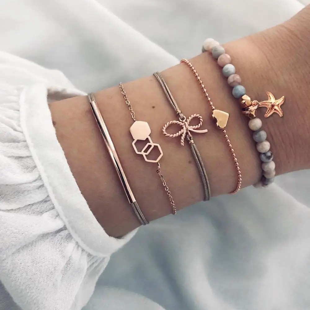 

5 Pcs/Set Starfish Charm Bracelets Bangles 2019 Women Love Heart Bowknot Hexagon Bracelet Set (SK416), As picture