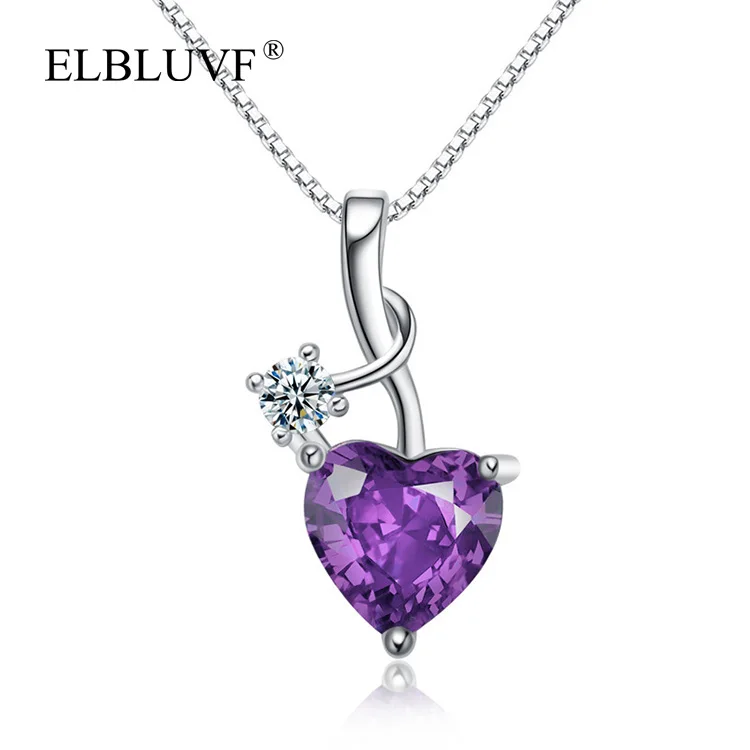 

ELBLUVF 925 Sterling Silver Chain Womens Purple Zircon Romantic Love Heart Necklace For Wedding Valentine Gift