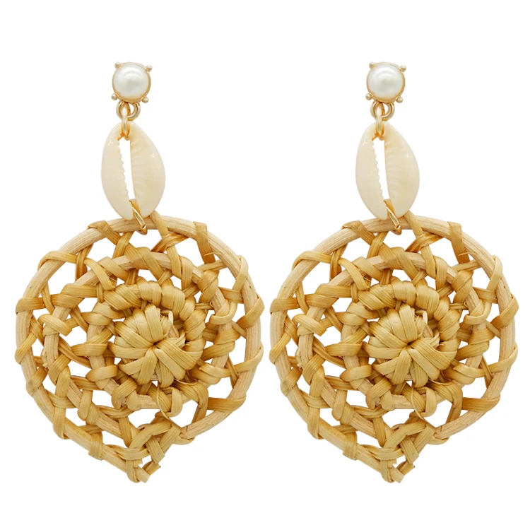 

Handmade pearl woven shell bamboo wooden rattan earrings jewelry, Picture