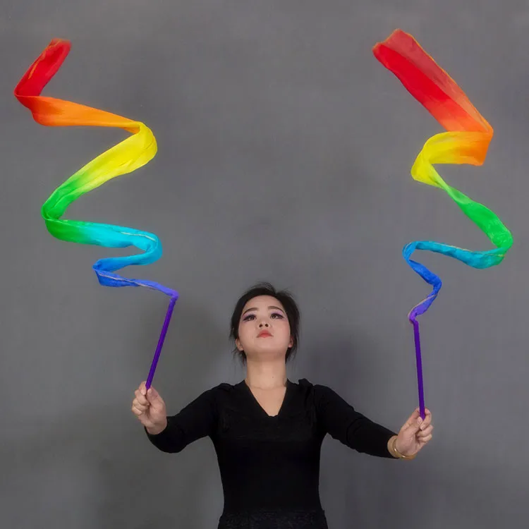 

2M Top Belly Dance Silk Streamers Oriental Dance Gymnastics Rhythmic Rainbow Ribbon with Sticks Gym Dancing Twirling Streamers, Rainbow;red;royal blue;purple;white;etc