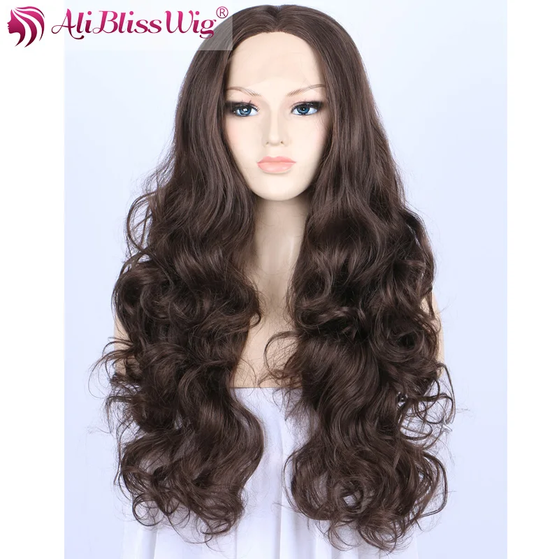 

Wholesale Cheap Heat Friendly Realistic Fiber Hair 24" Chocolate Dark Brown Long Natural Wavy Synthetic Wig Lace Front for Women