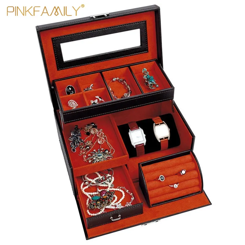 Large Jewelry Box Watch Case Earring Ring Jewelry Storage Case Leather Trinket Organizer