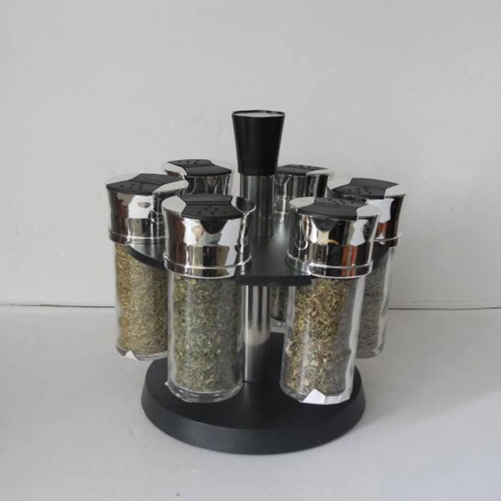 Wholesale Glass Spice Jar Set Rack Rotating Spicy Shelf 6 Jar Filled