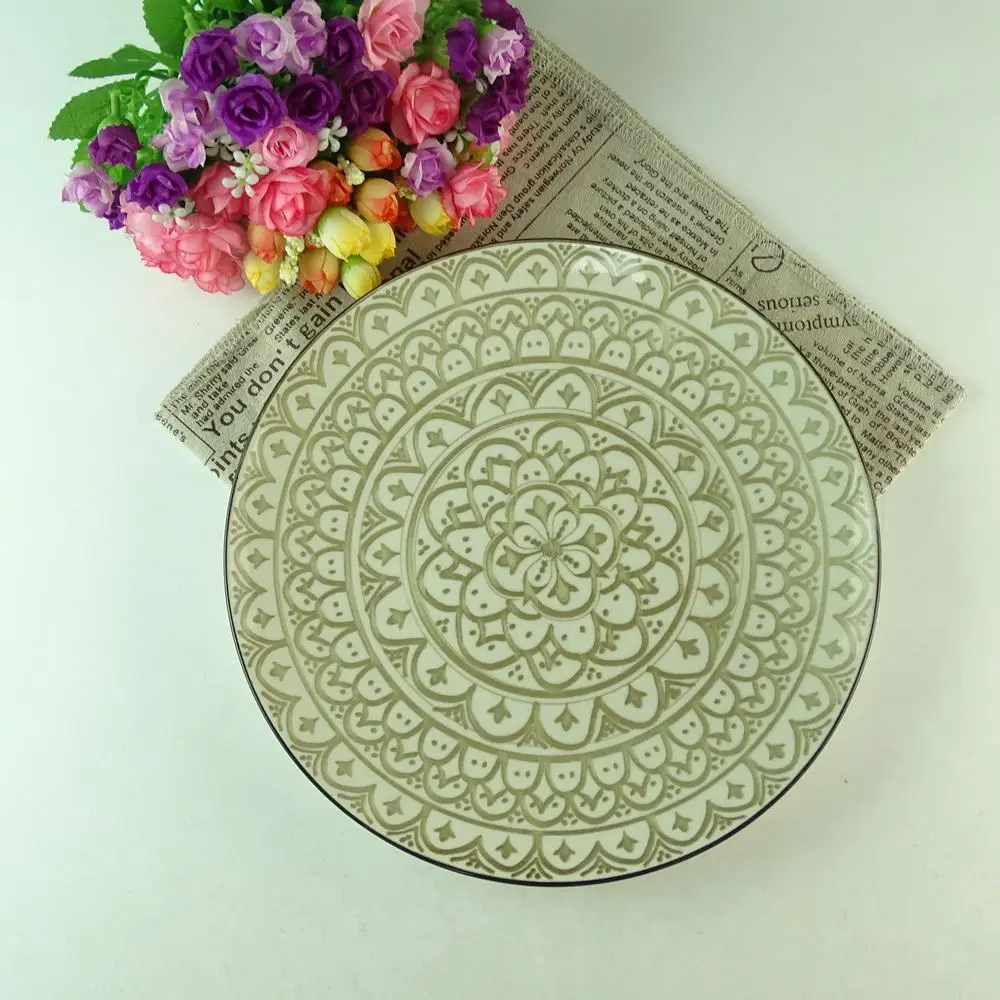 Embossed Printing Wholesale Flat Round Ceramic Plates Branded Plates