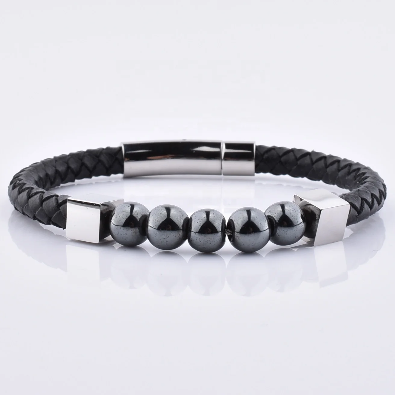 

Wholesale 6Mm Natural Hematite Stone Charm Black Vintage Leather Bracelet For Men