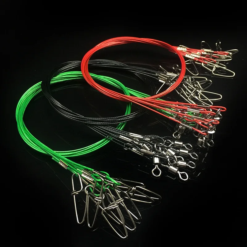 

50pcs/set 50cm 150LB Fishing Line Strengthen Steel Wire Leader Connect With Swivel and Cost Lock Snap Ocean Fishing Trace, Black red green