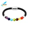 Custom Magnetic buckle natrual stone beads leather bangle 7 chakra bracelet