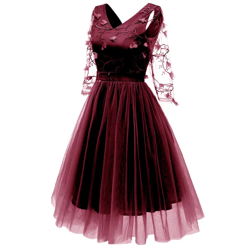

Women's V Neck Lace Sleeve Vintage Floral Dress