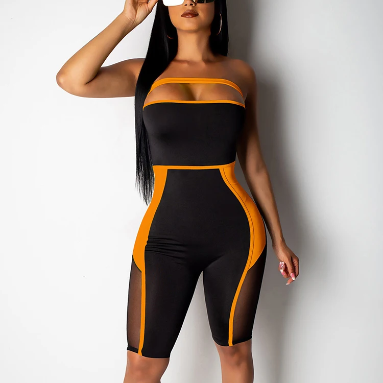 

New Design Mesh Stitching Orange Ladies Bodycon Jumpsuit Sexy Jumpsuit For Women