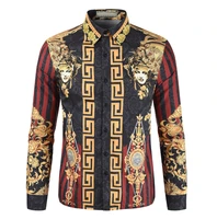 

A6205 Gold Black Print Luxury Baroque Party Prom Shirt Chemise Homme Men Stage Wear Vestido Social Camice Uomo Shirts