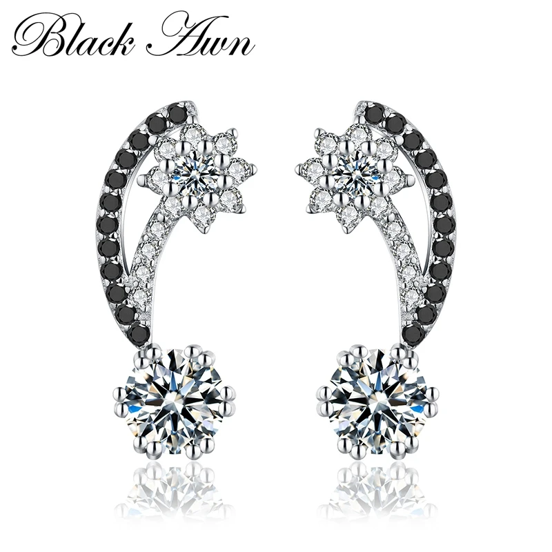 

[BLACK AWN] 3.3G 925 Sterling Silver Jewelry Black&White Stone Cute Engagement Stud Earrings for Women T103