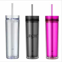 

16oz Clear Plastic bottle Double Wall Skinny Tumblers Acrylic tumbler with Straw and lid