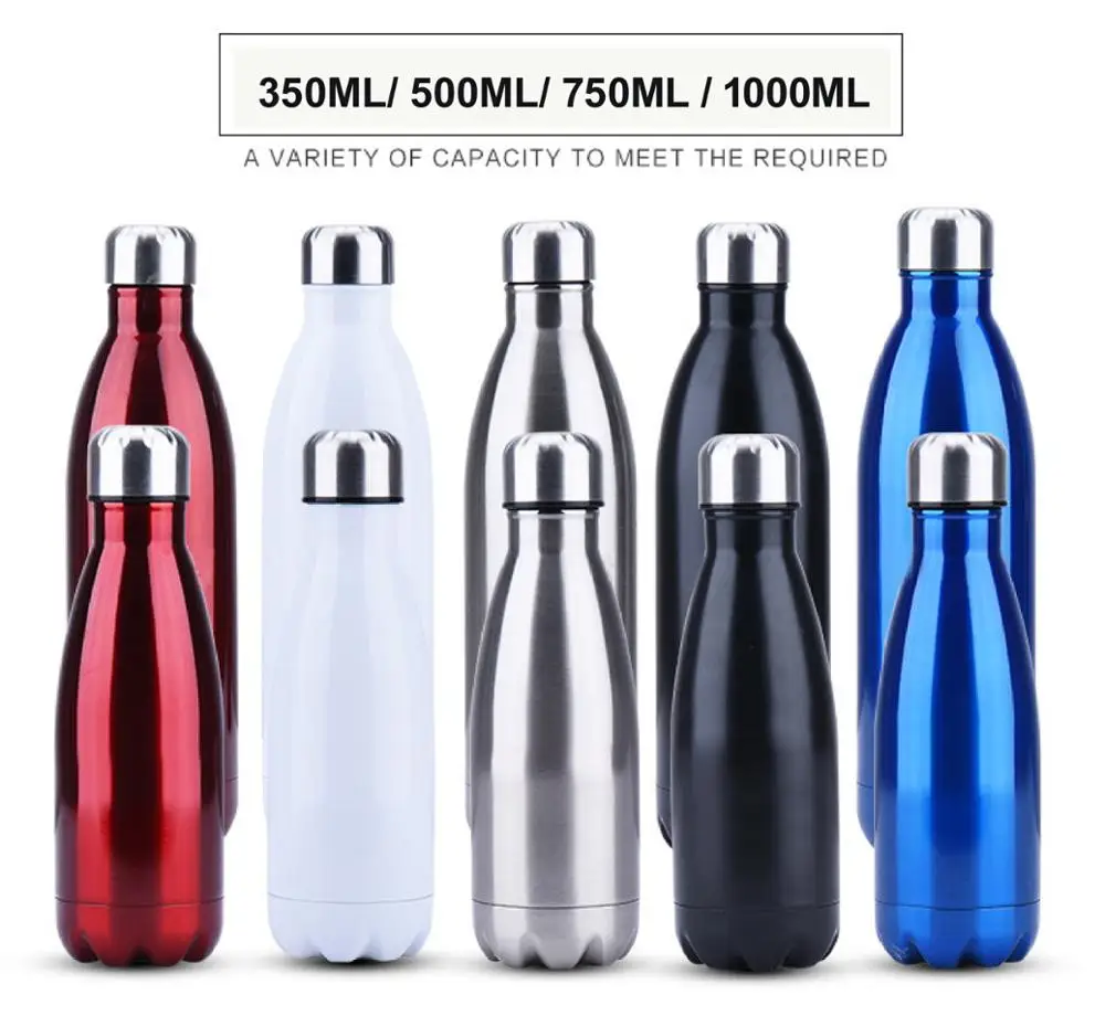 

insulated vacuum water bottle double wall stainless steel sport cola drinkware keep warm/cold custom LOGO, White;black;red;gold;blue;stainless color