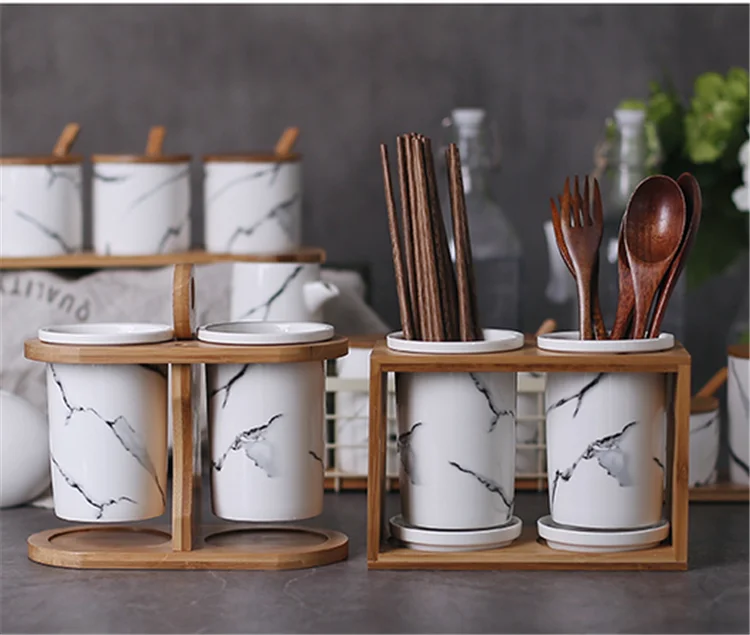 Restaurant condiment spice storage ceramic marble canister with stand and spoon 