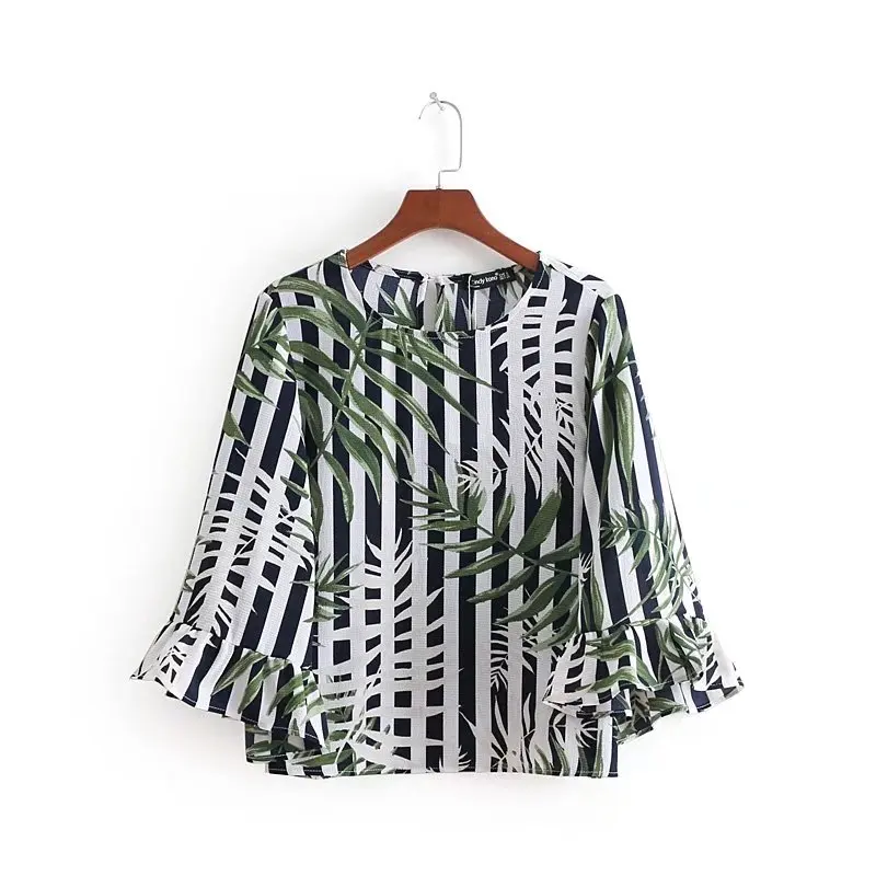 

Flare sleeve printed chiffon o neck designs lady blouse & top with ruffles, N/a