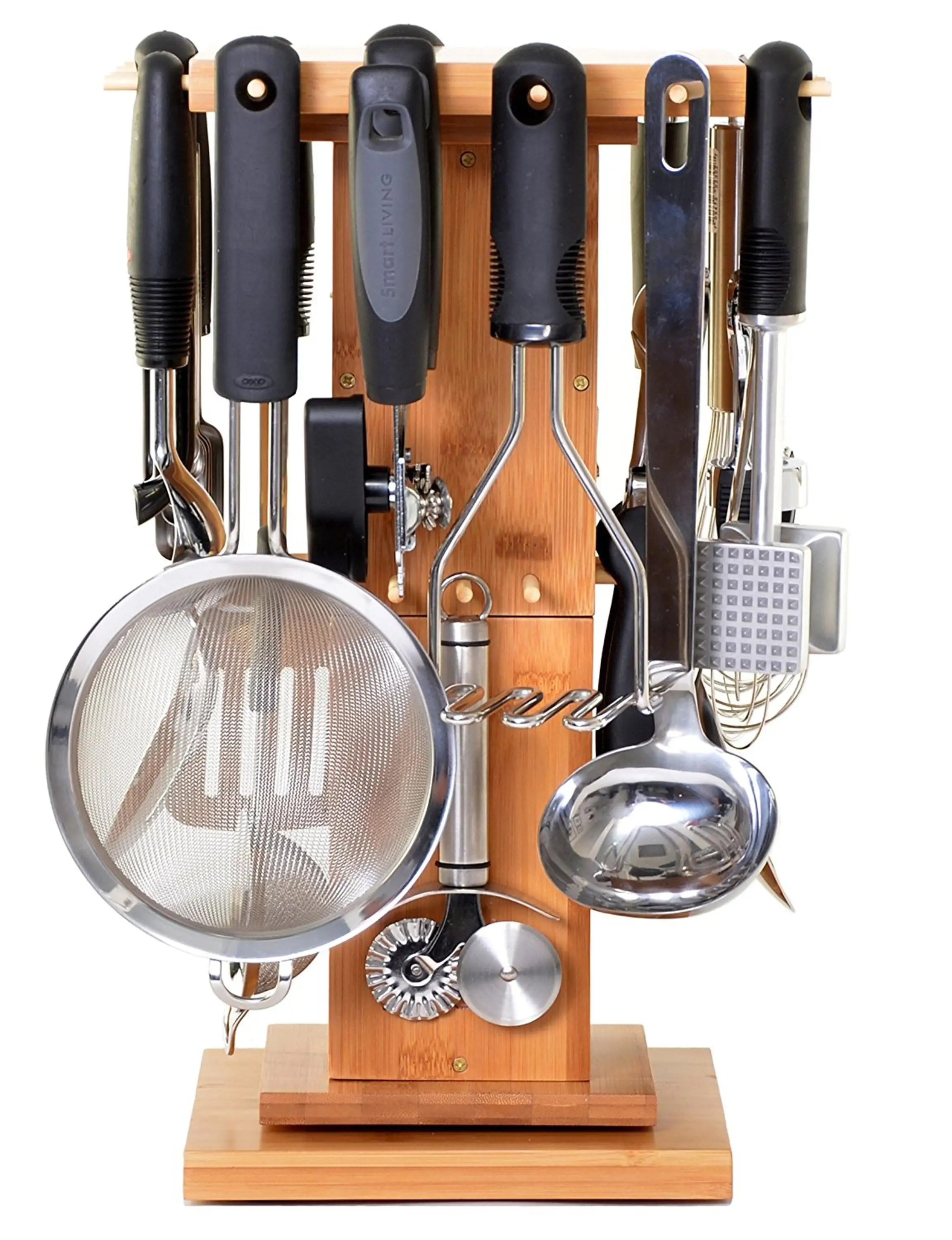 100 Bamboo 360 Rotating Kitchen Utensil Organizer With 28 Hangers