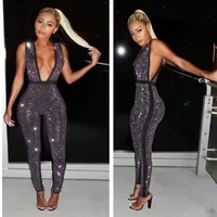 

2018 Elegant Beads Embellished Sexy Deep V Neck Sleeveless Celebrity Night Club Party Women Jumpsuits Rompers