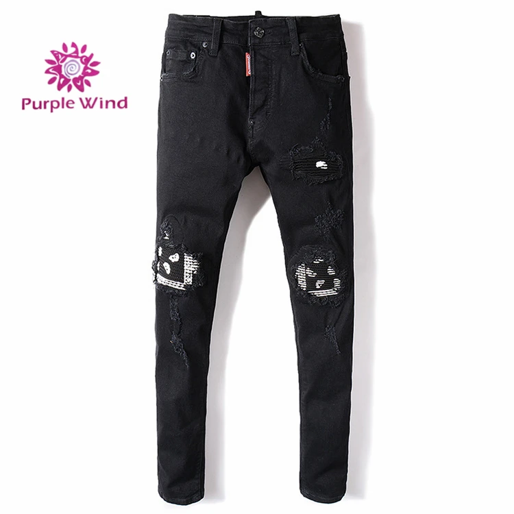 Slim fit high quality skinny jeans knee hole skinny ripped jeans for men