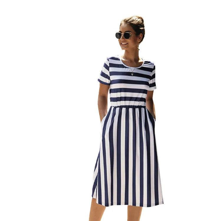 

Wholesale ladies clothes short sleeve striped casual midi belt dress with pockets, Blue;pink;navy;green;black