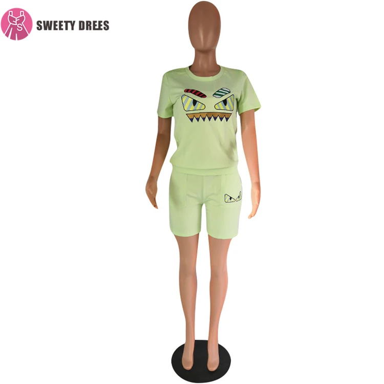 9S00729 Women summer cartoon monster embroidered short sport two piece set