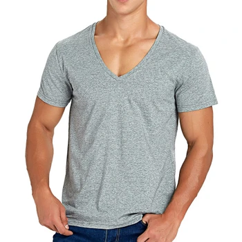 Male Cotton Slim Fitness Low Cut Tops Scoop Neck T Shirt For Men Summer ...