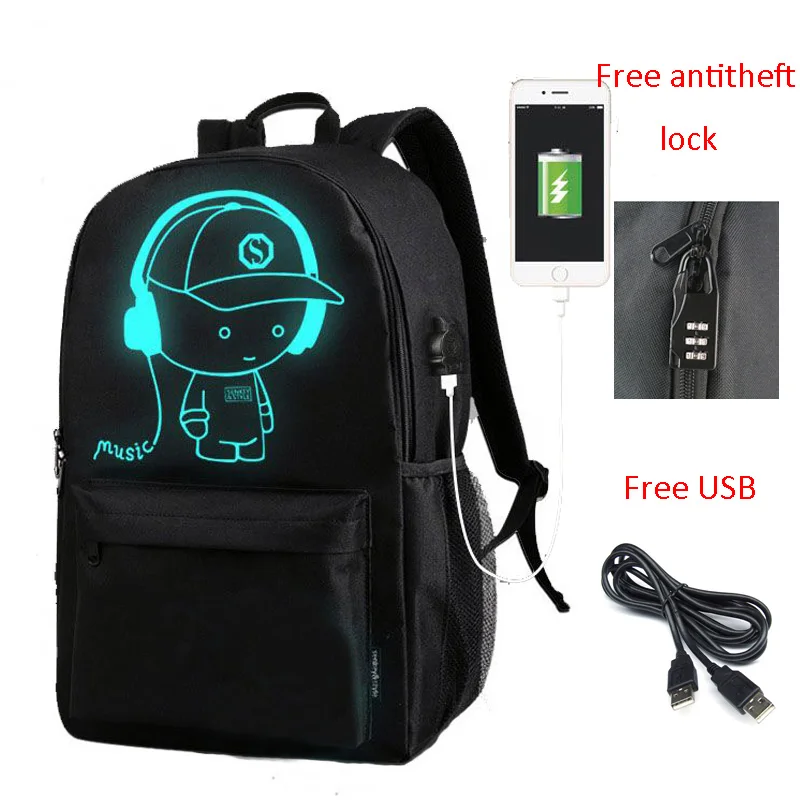 

New arrival school rucksack mochila Antitheft USB port Glowing Glow in the Dark luminous backpack, Customization
