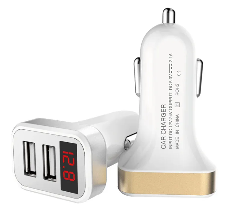 

2 in 1 Car Charger, 5v 3.1a Dual USB Car Charger with LCD Screen Display vs DC 12-24v Input, White gold;white silver