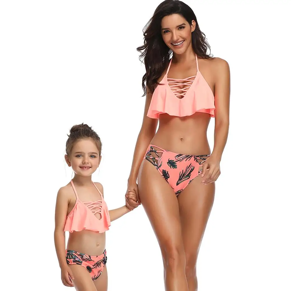

PopularStyle Orange Halter Lace-Up Mom And Daughter Bikini Ruffle Romance Girl Sexy Bikini, N/a