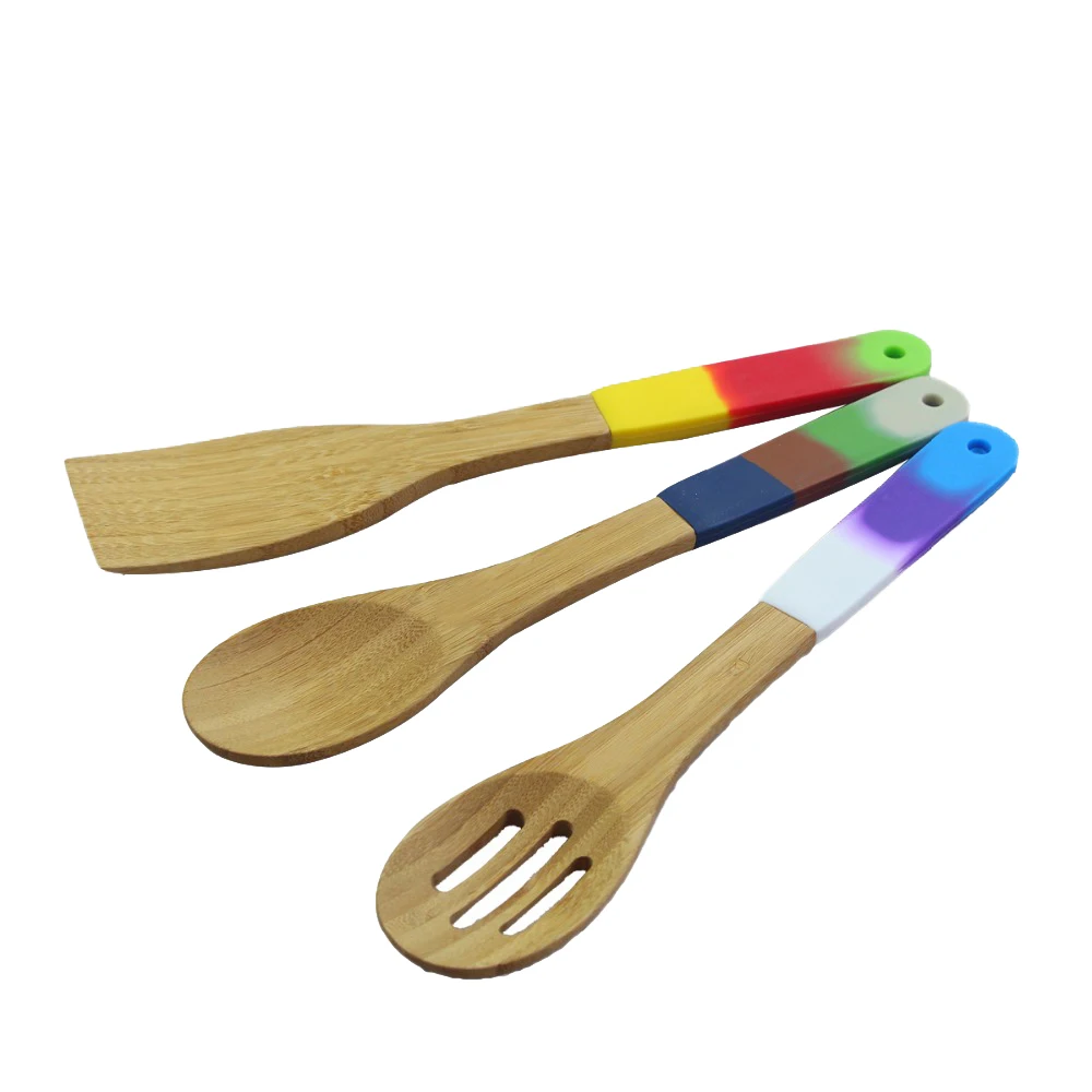 3piece Eco Friendly Bamboo Utensil Set With Colorful Silicone Handle