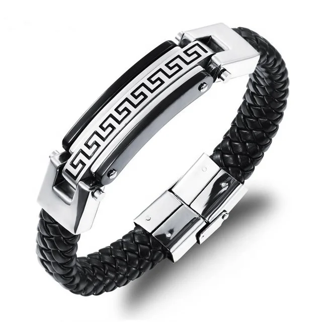 

The Great Wall Pattern Leather Bracelet 316L Stainless Steel Bracelet Men, Brown;gold