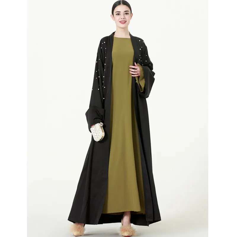 

Muslim Black Robe Dubai Abaya Kimono Cardigan Dresses Beads Detail Plus Size S-5XL Casual Long Dress Spring Womens Clothing