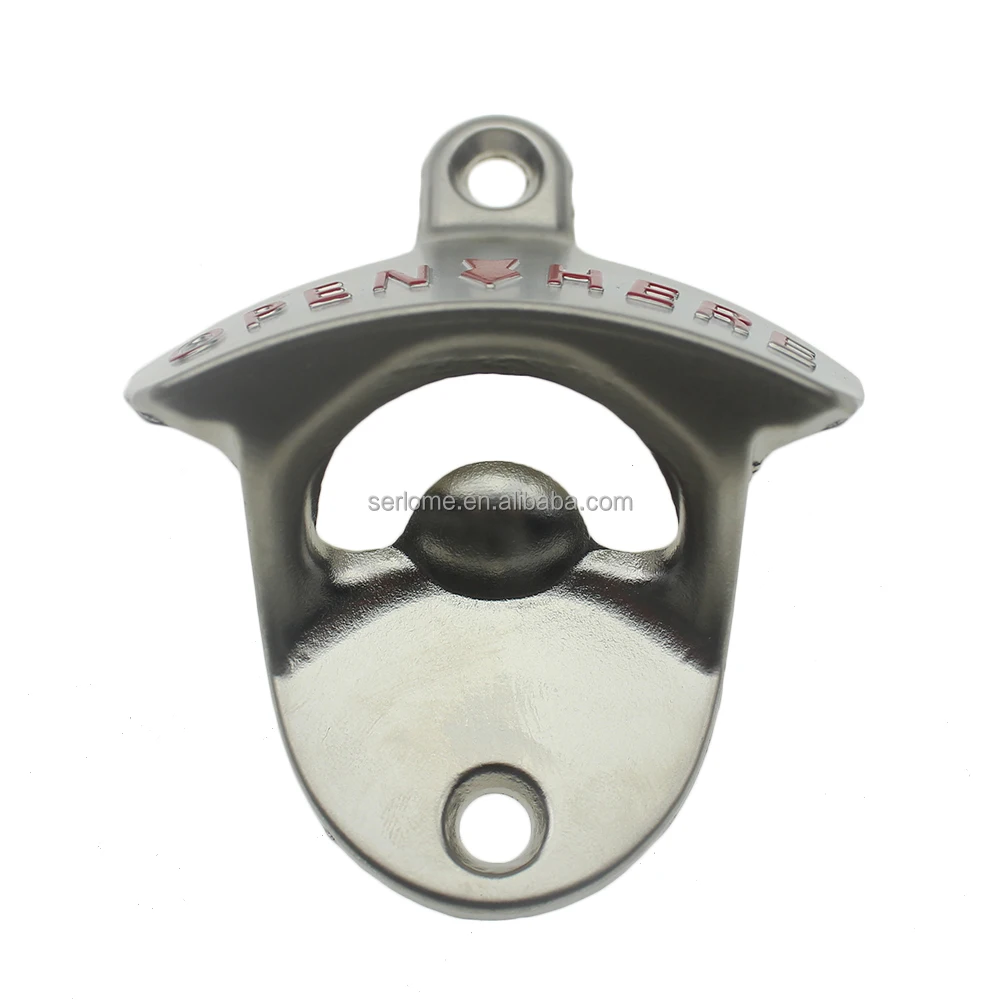 
Matted Nickel Zinc Alloy Metal Embossed OPEN HERE Wall Mount Stationary Bottle Opener 