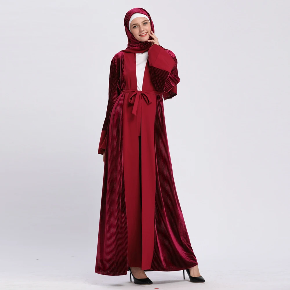 

2019 Trendy velvet winter muslim women open abaya in dubai, Black;wine red